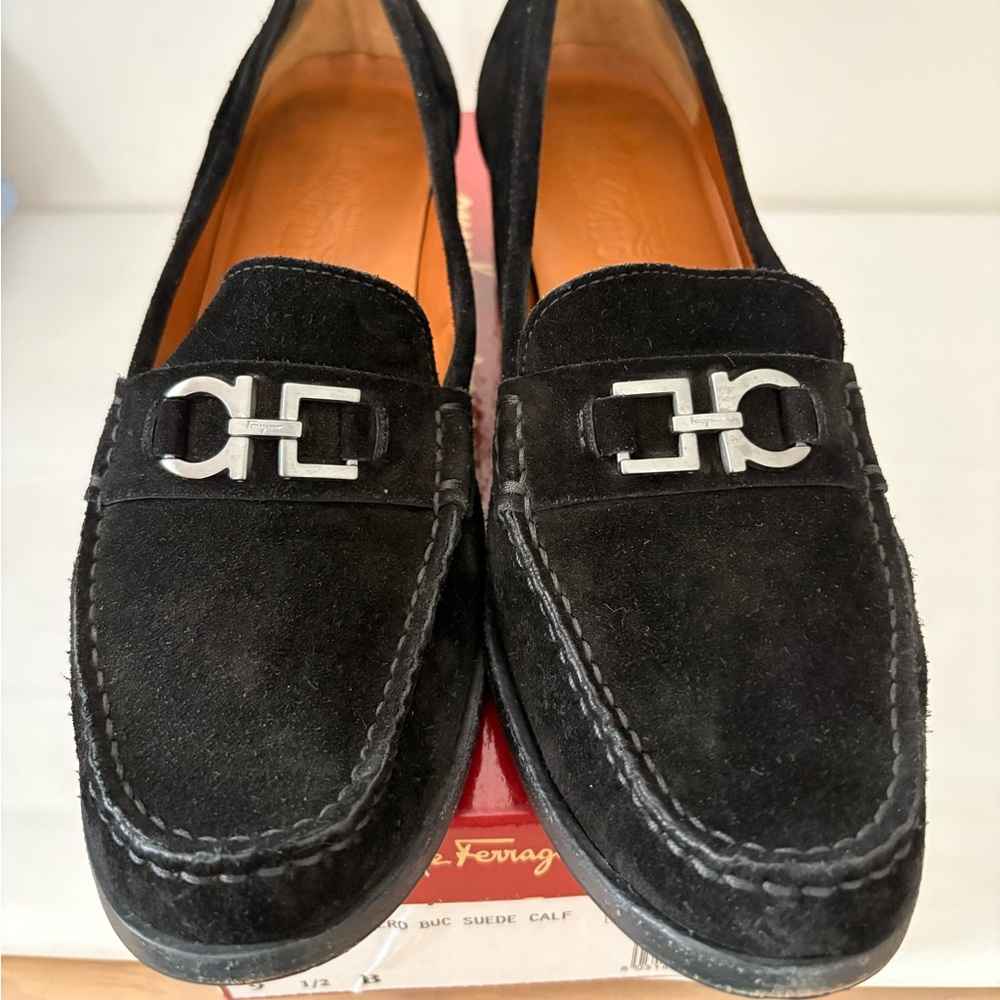 Ferragamo Designer shoes. Black suede logo loafers. 1.5 inch block heel